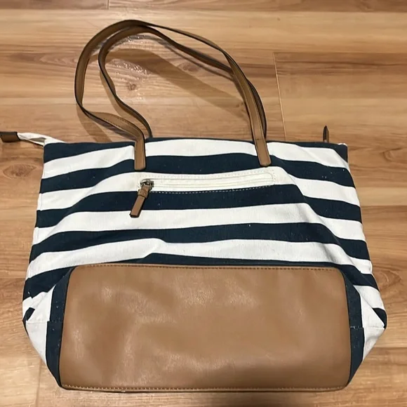 Sonoma Blue and White Striped Tote Bag with Leather Handles - Picture 3 of 5